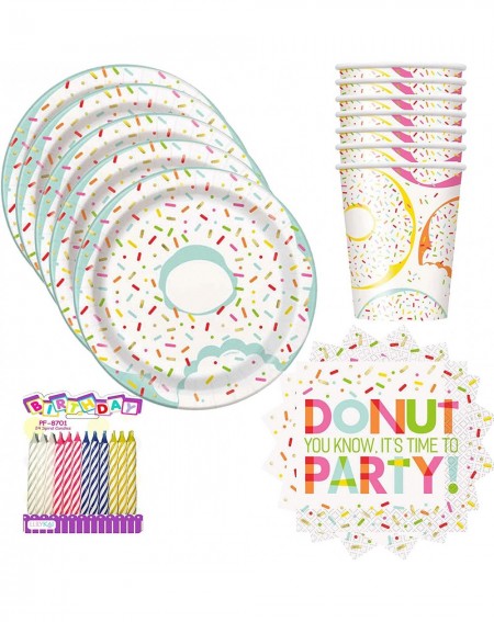 Party Packs Donut Party Supplies Pack Serves 16 7" Plates Beverage Napkins and Cups with Birthday Candles (Bundle for 16) - C...
