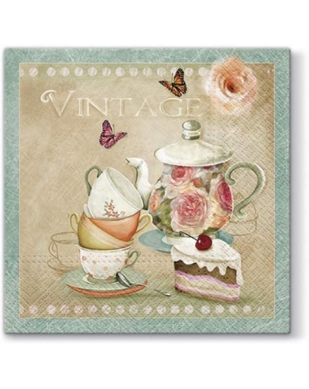 Tableware Delicious Paper Lunch Napkins 40 pcs Vinatge Decoupage Tea Party- Tea Pot&Cups- Rose Butterflies - C1199QZE2UU $19.58