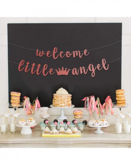 Banners Welcome Little Angel Pre-strung Rose Gold Glittery Banner Baby Shower Gender Reveal Party Decorations for Boy or Girl...