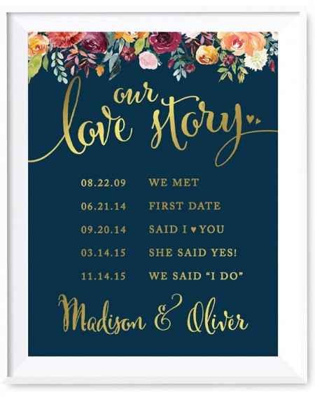 Banners & Garlands Personalized Wedding Party Signs- Navy Blue Burgundy Florals with Metallic Gold Ink- 8.5x11-inch- Our Love...