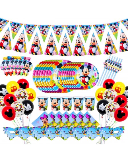 Party Packs Mickey Mouse Party Suppliers-135 Pieces Mouse Birthday Party Decorations for 12 Guest- Plates- Napkins- Cups- Str...