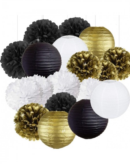 Tissue Pom Poms New Years Decorations 18 Piece Black Gold White Table & Wall Party Decorations Kit - Hanging Tissue Paper Pom...