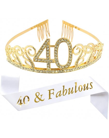 Party Packs 40th Birthday Gold Tiara and Sash- White Glitter Satin Sash"40 & Fabulous" and Crystal Rhinestone Birthday Crown ...