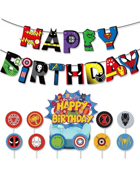 Banners Superhero Happy Birthday Banner&10pcs Cupcake Toppers& Superhero Happy Birthday Cake Topper For Kids Birthday Party S...