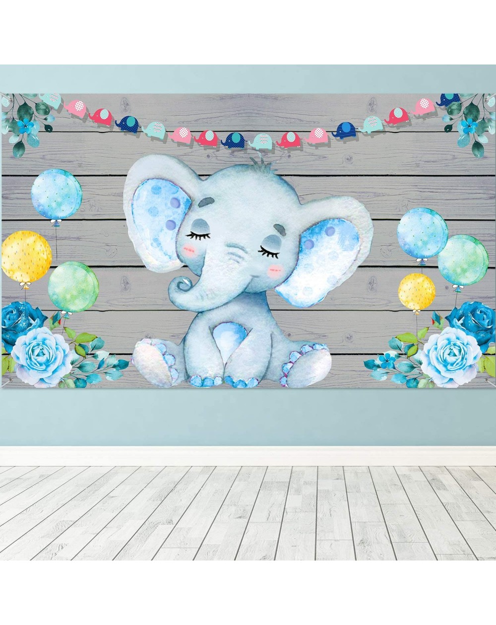 Banners Blue Elephant Boy Baby Shower Decorations Supplies- Large Fabric Cute Baby Elephant Backdrop for Baby Shower Party El...