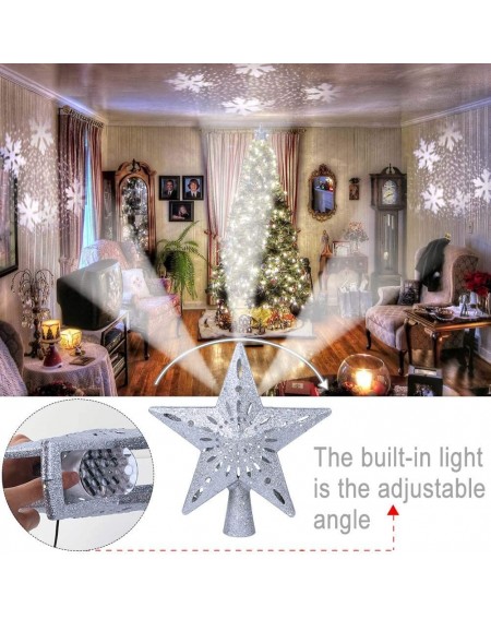 Tree Toppers Christmas Tree Topper Lighted Star Tree Toppers with LED Rotating Snowflake Projector Lights- 3D Hollow Silver S...