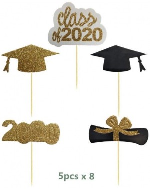 Cake & Cupcake Toppers 40 PCS Graduation Cupcake Topers Black & Gold Glitter Grad Cap- Diploma- Mini Cake Decorations for Cla...