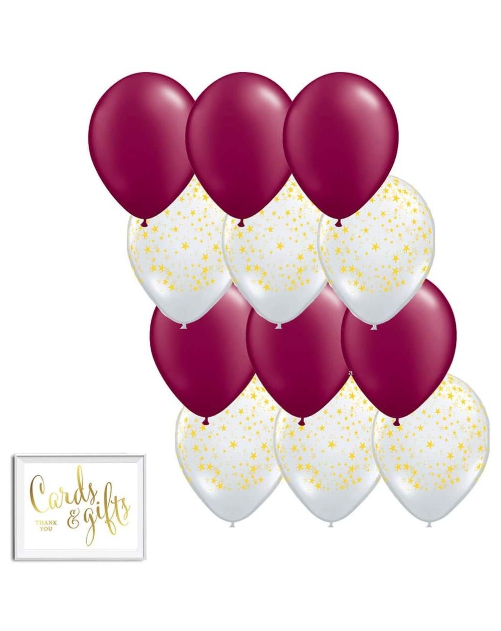 Balloons 11-inch Latex Balloon Duo Party Kit with Gold Cards & Gifts Sign- Burgundy and Clear with Gold Stars- 12-pk - Burgun...