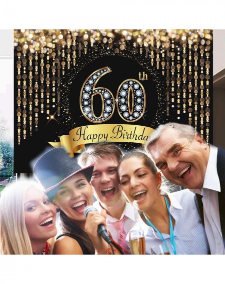 Banners & Garlands 7x5ft 60th Happy Birthday Backdrop Gold Glitter Bokeh Sequin Spots Diamond Party Decoration- Black Gold Si...