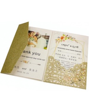 Invitations 25pcs 5"x7.28" Light Gold Glitter Vine Tri Fold Pocketfold Wedding Invitations Cards pocket Pearl Paper Laser Cut...