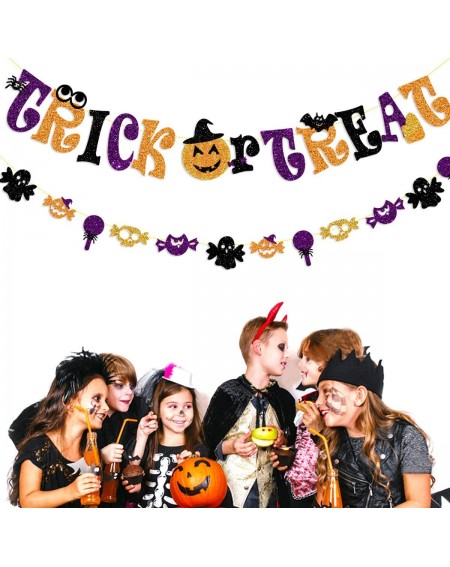 Banners & Garlands Halloween Trick or Treat Banner Party Decorations Black Purple Gold Glitter Bunting Garland with Pumpkin B...