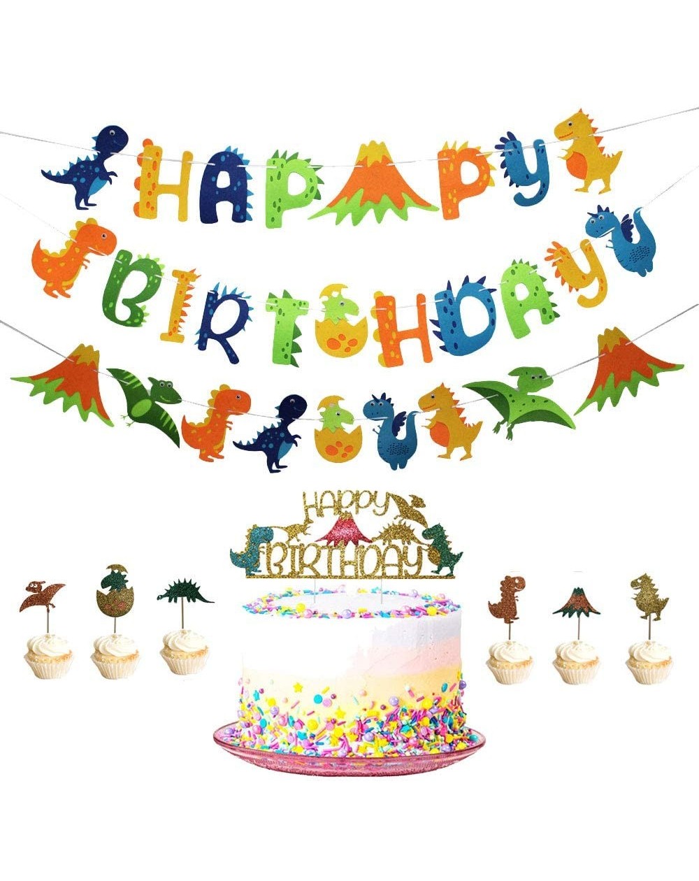 Banners & Garlands Dinosaur Birthday Party Decorations Kit-Dinosaurs Happy Birthday Banner-Glittery Dinosaur Cake Topper and ...