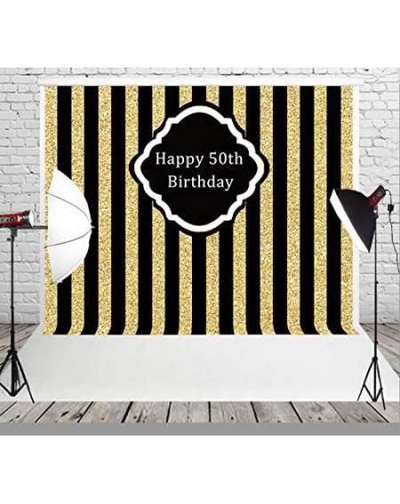 Photobooth Props 8x6ft Happy 50th Birthday Party Backdrop Black and Gold Glitter Stripe Photography Background Adults Childre...