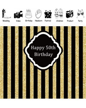 Photobooth Props 8x6ft Happy 50th Birthday Party Backdrop Black and Gold Glitter Stripe Photography Background Adults Childre...