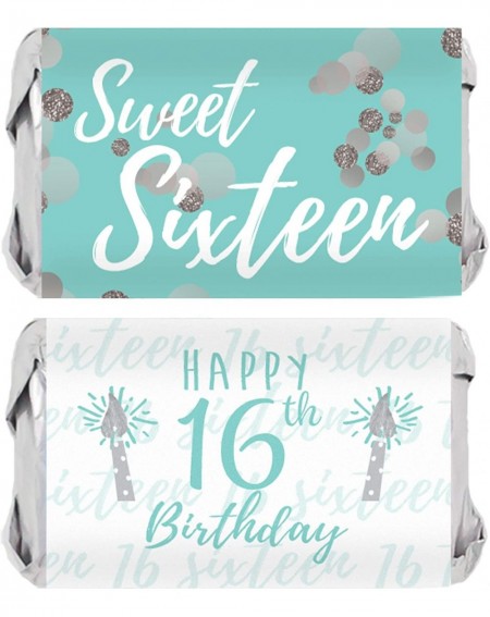 Favors Sweet Sixteen 16th Birthday Mini Candy Bar Wrappers- 45 Stickers (Blue and Silver) - Blue and Silver - CA186MK8URL $18.94