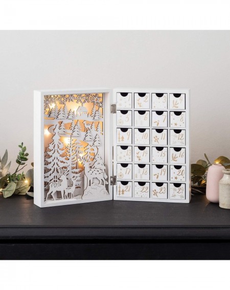 Advent Calendars Pre Lit Battery Operated LED Fold Out White Wooden Advent Calendar with Drawers - CM18T0HK6GN $80.25