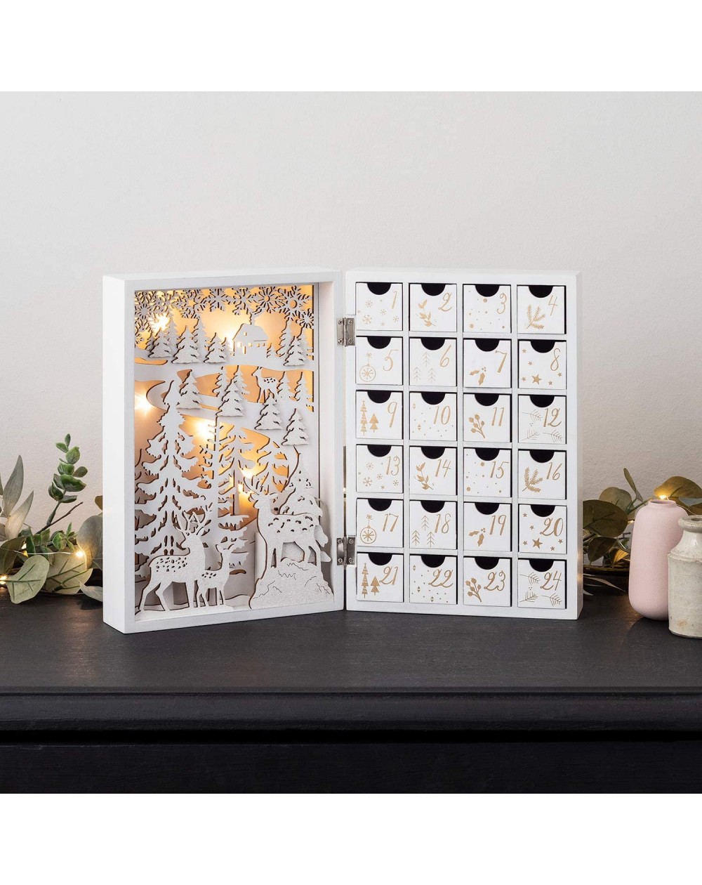Advent Calendars Pre Lit Battery Operated LED Fold Out White Wooden Advent Calendar with Drawers - CM18T0HK6GN $33.79