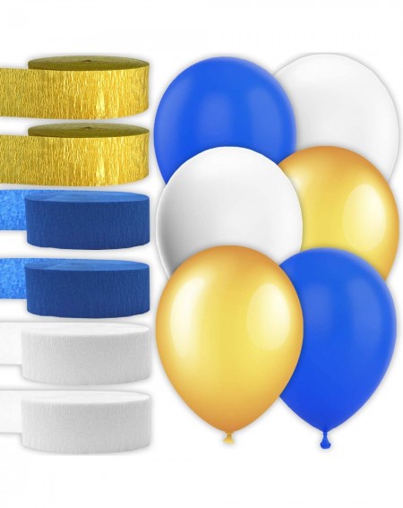 Party Packs 90 Balloons (12 Inch) + 6 Rolls Party Streamers (81 ft each) - Metallic Gold- Royal Blue and White - Helium Quali...