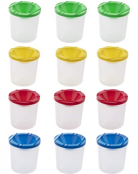 Party Tableware No Spill Paint Cups - 12-Pack Spill Proof Paint Cups with Lids- 4 Assorted Colors Palette Cups- Art Supply fo...