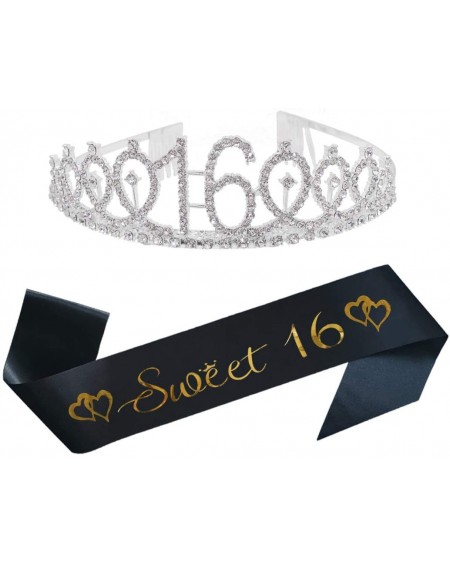 Favors 16th Birthday Party Supplies 16th Birthday Silver Tiara and Black Sash Kit Rhinestone Princess Crown and Glitter Satin...