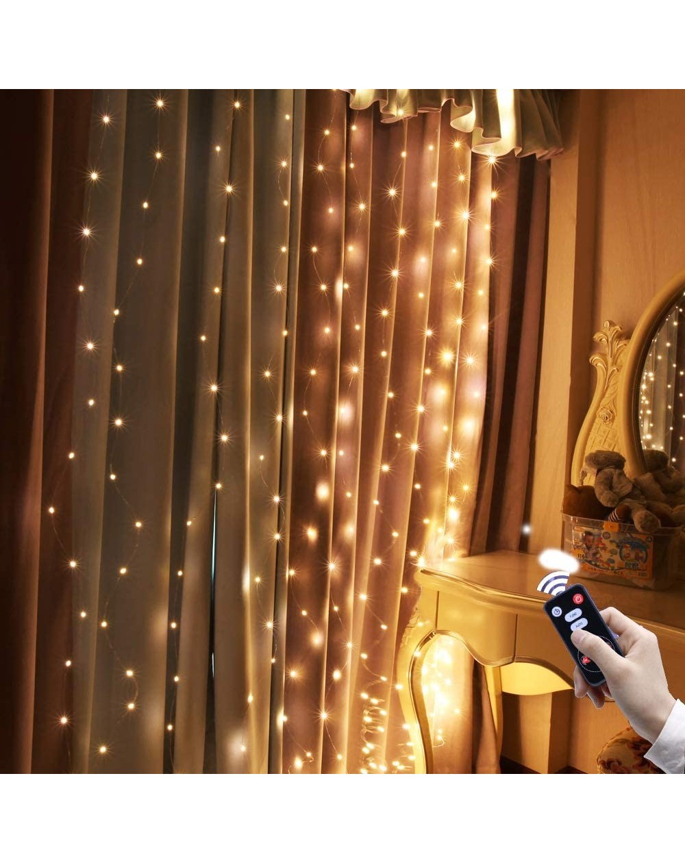 Indoor String Lights 300 LED Warm White Curtain String Lights with Remote Control-9.9ft X 9.9ft IP64 Waterproof Lights in USB...