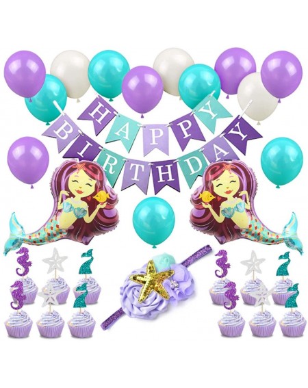Party Packs Mermaid 1st Birthday Decorations Mermaid Balloons Headband for Baby Girls Birthday Baby Shower Supplies - Mermaid...