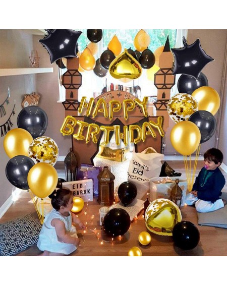 Balloons Black Gold Birthday Party Decorations Set - with Gold Happy Birthday Balloons Banner- Star and Heart Foil Balloons- ...