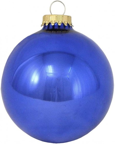 Ornaments Victoria Blue Shine 3 .25 inch Balls with Gold Crown Caps - Victoria Blue Shine - CH18XRICANT $11.80