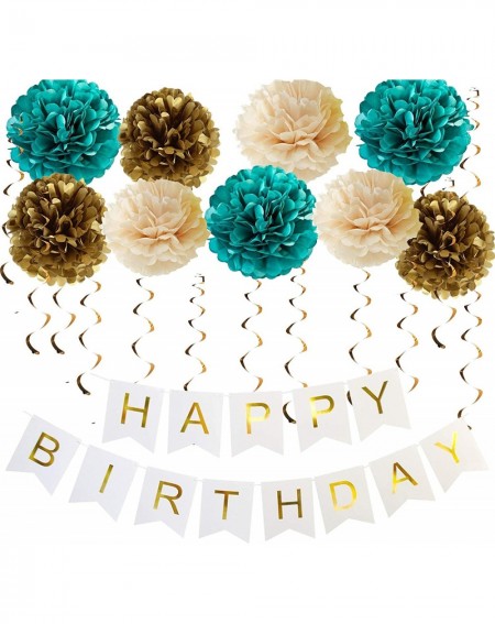 Banners & Garlands Teal Gold Birthday Party Decorations for Women Teal Champagne Gold Tissue Pom Pom Happy Birthday Banner Te...