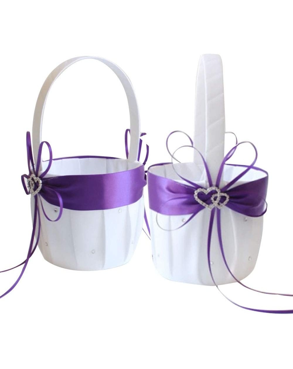Ceremony Supplies 2PCS Purple Flower Girl Basket Double Heart Rhinestone Elegant For Wedding Ceremony Party Favor - CQ18Q0XRL...