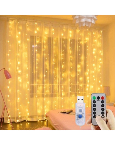 Outdoor String Lights Hanging Window Curtain String Lights- 300 LED 10Ft USB Plug in String Lights- Remote- 8 Lighting Modes-...