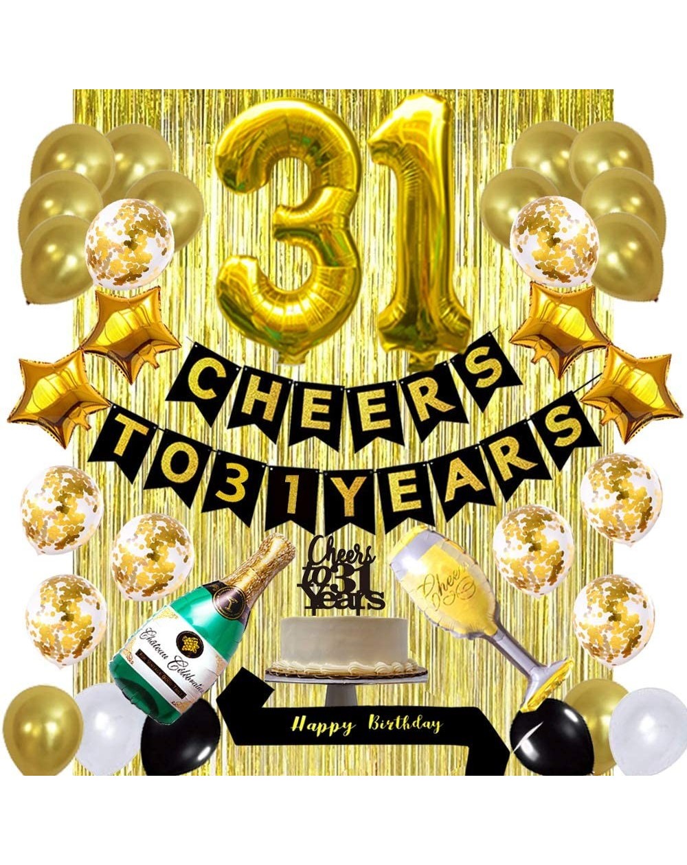 Balloons Gold 31st Birthday Decorations kit- Cheers to 31 Years Banner Balloons-31st Cake Topper Birthday Sash- Gold Tinsel F...