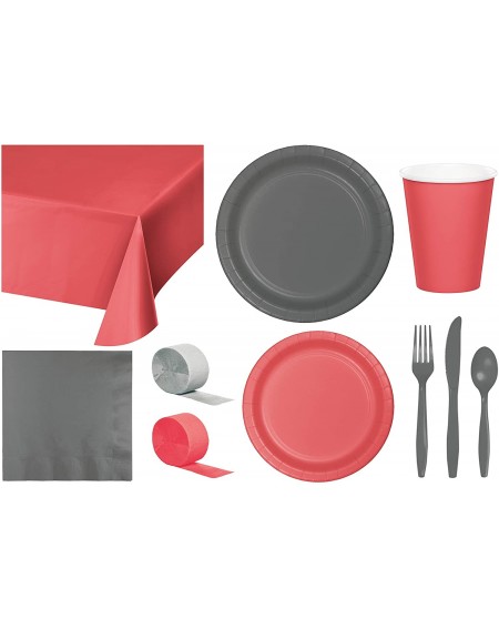 Party Packs Party Bundle Bulk- Tableware for 24 People Coral and Gray- 2 Size Plates Napkins- Paper Cups Tablecovers and Cutl...