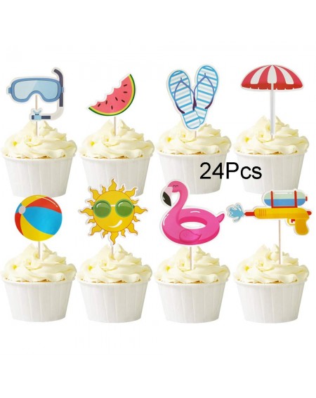Cake & Cupcake Toppers 24Pcs Summer Pool Theme Beach Ball Sun Umbrella Slippers Water Gun Goggles Cupcake Toppers Cake Picks ...