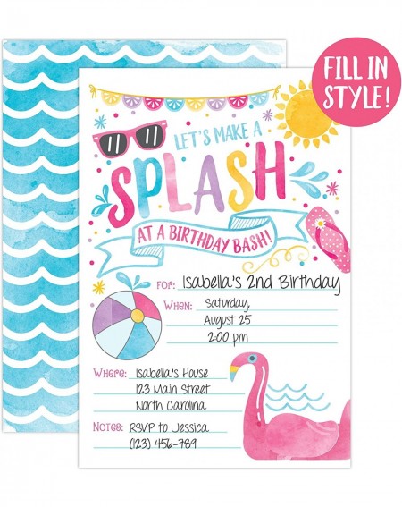 Invitations Girl Pool Party Birthday Invitations- Summer Pool Party Bash- Splash Pad- Water Park Invites- 20 Fill In Pool Par...