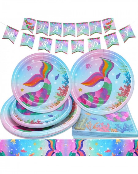 Party Packs Mermaid Party Supplies Kit- Mermaid Plates- Napkins and Mermaid Tablecloth Mermaid Party Decoration for Girls Bir...