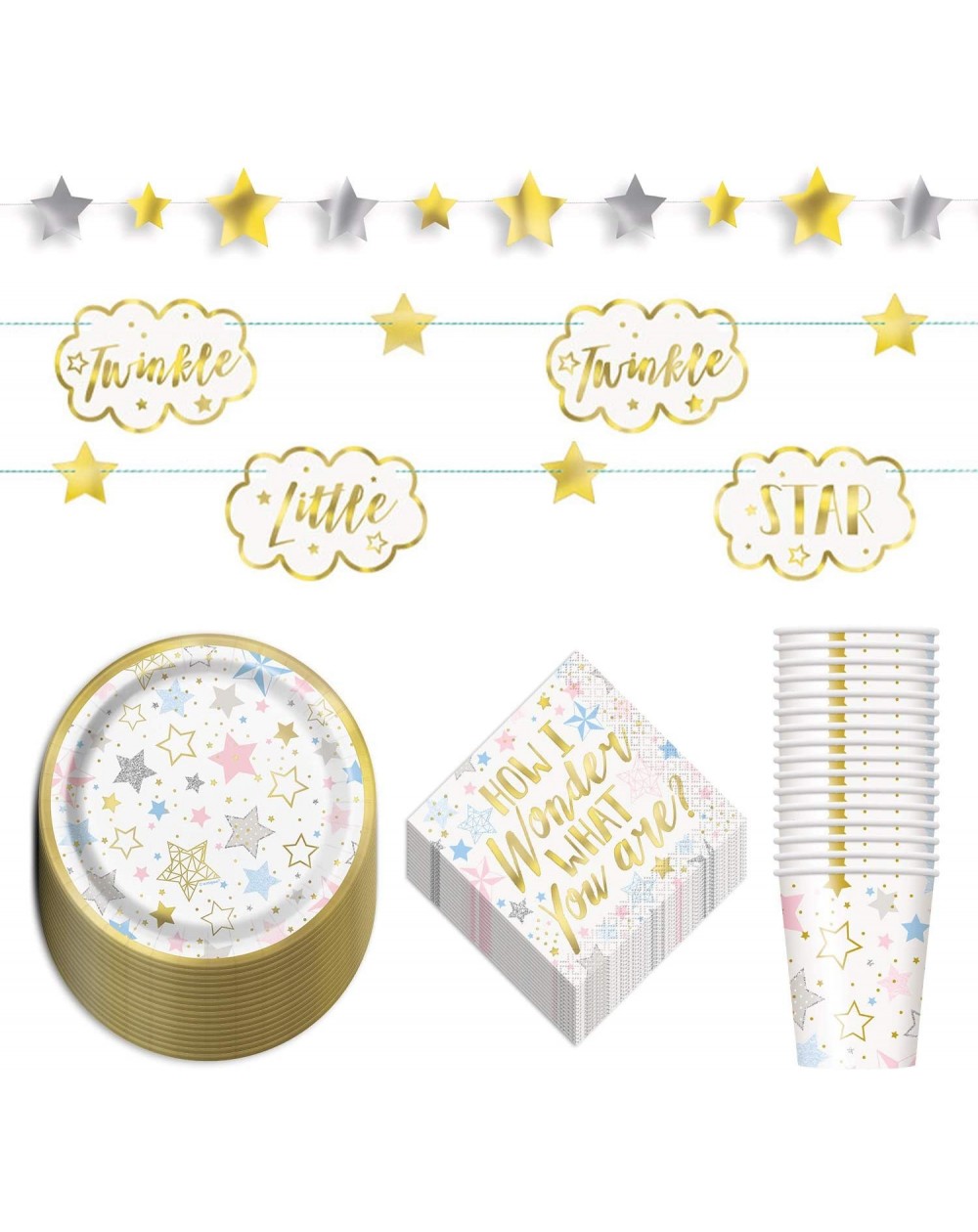Party Packs Twinkle Little Star Metallic Dessert Party Pack - Dessert Plates- Beverage Napkins- Cups- Star Garland- and Twink...