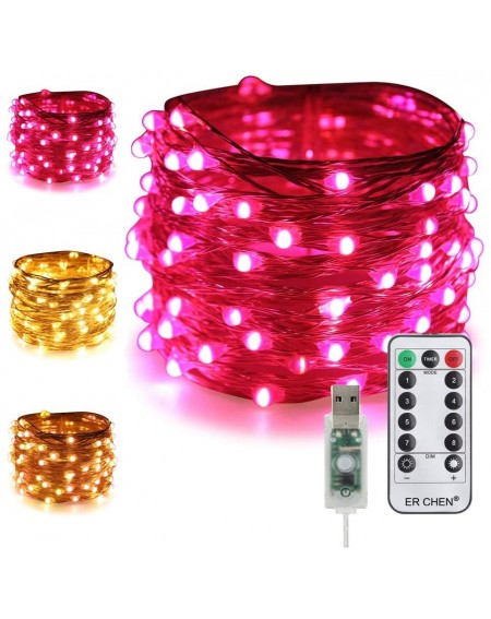 Outdoor String Lights Dimmable USB String Lights- 33ft 100 LED Warm White & Pink Color Changing Fairy Lights with Remote&Time...