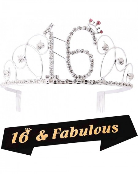 Party Packs 16th Birthday Tiara and Sash- 16th Birthday Crown and Sash-For 16th Birthday Party Supplies(Silver Tiara+Black Sa...