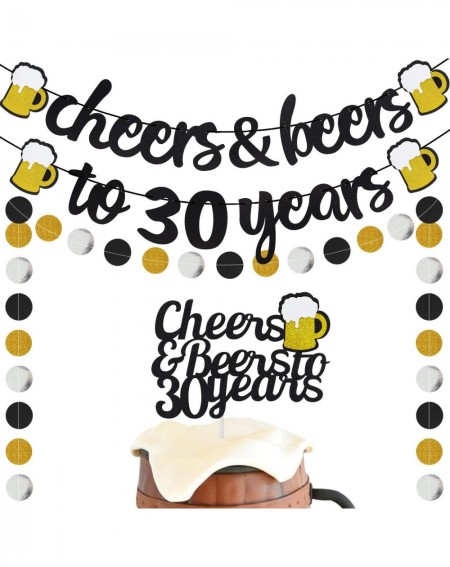 Banners & Garlands 30 Years Anniversary Decorations - Cheers & Beers to 30 Years Banner with 30th Years Old Cake Topper Black...