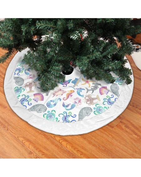 Tree Skirts Christmas Tree Skirt- 36" Faux Fur Plush Round Xmas Tree Mat- Marine Pattern Carpet Apron for Holiday Party Ornam...