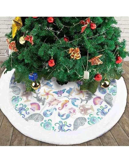 Tree Skirts Christmas Tree Skirt- 36" Faux Fur Plush Round Xmas Tree Mat- Marine Pattern Carpet Apron for Holiday Party Ornam...