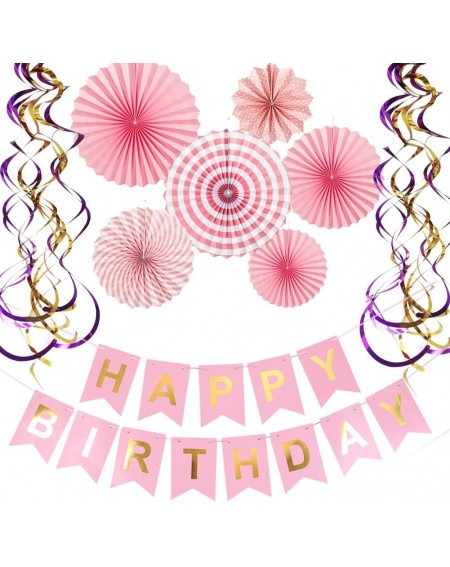 Banners & Garlands Happy Birthday Banner Paper Fan Flower Set Metalic Swirls for Birthday Party Decorations Pink - Birthday P...