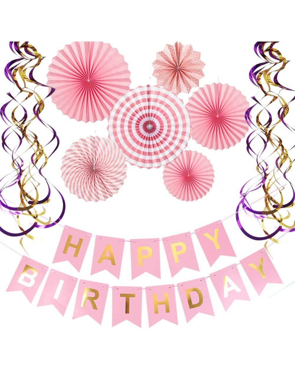 Banners & Garlands Happy Birthday Banner Paper Fan Flower Set Metalic Swirls for Birthday Party Decorations Pink - Birthday P...