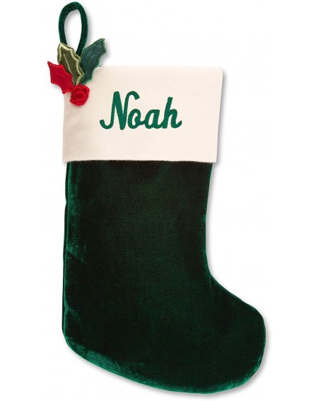 Stockings & Holders Personalized 14-Inch Green Velvet Stocking with Holly- Embroidery Included - Green - CM18KZQ46CG $30.67