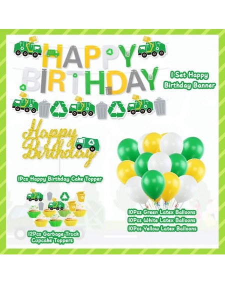 Balloons Garbage Truck Birthday Party Supplies- Trash Truck Party Supplies- Happy Birthday Banner- Green White Yellow Latex B...