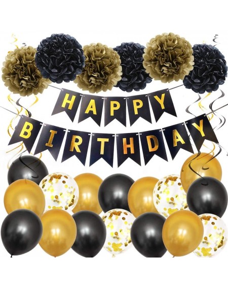 Party Packs Happy Birthday Banner Decorations with Black Gold Hanging Swirl Gold Confetti Balloons Birthday Party Supplies Ti...