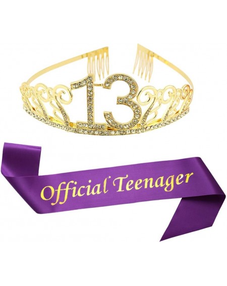 Party Packs 13th Birthday Kit Gold Tiara and Purple Sash Glitter Satin Sash and Crystal Rhinestone Tiara Crown for Happy 13th...