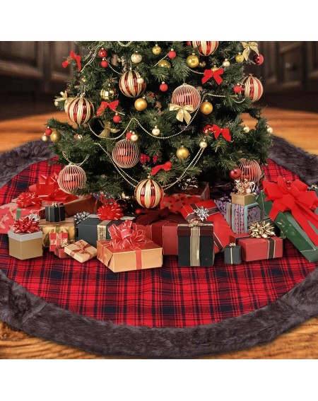 Stockings & Holders Christmas Tree Skirt 48 inches- Red and Black Buffalo Burlap Plaid with Thick Faux Fur Edge Tree Skirt- R...