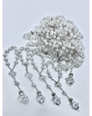 Favors / 25 Pc White Baptism Favors with Angels Mini Rosaries Silver Plated Acrylic Beads/Recuerditos De Bautismo/Christening...